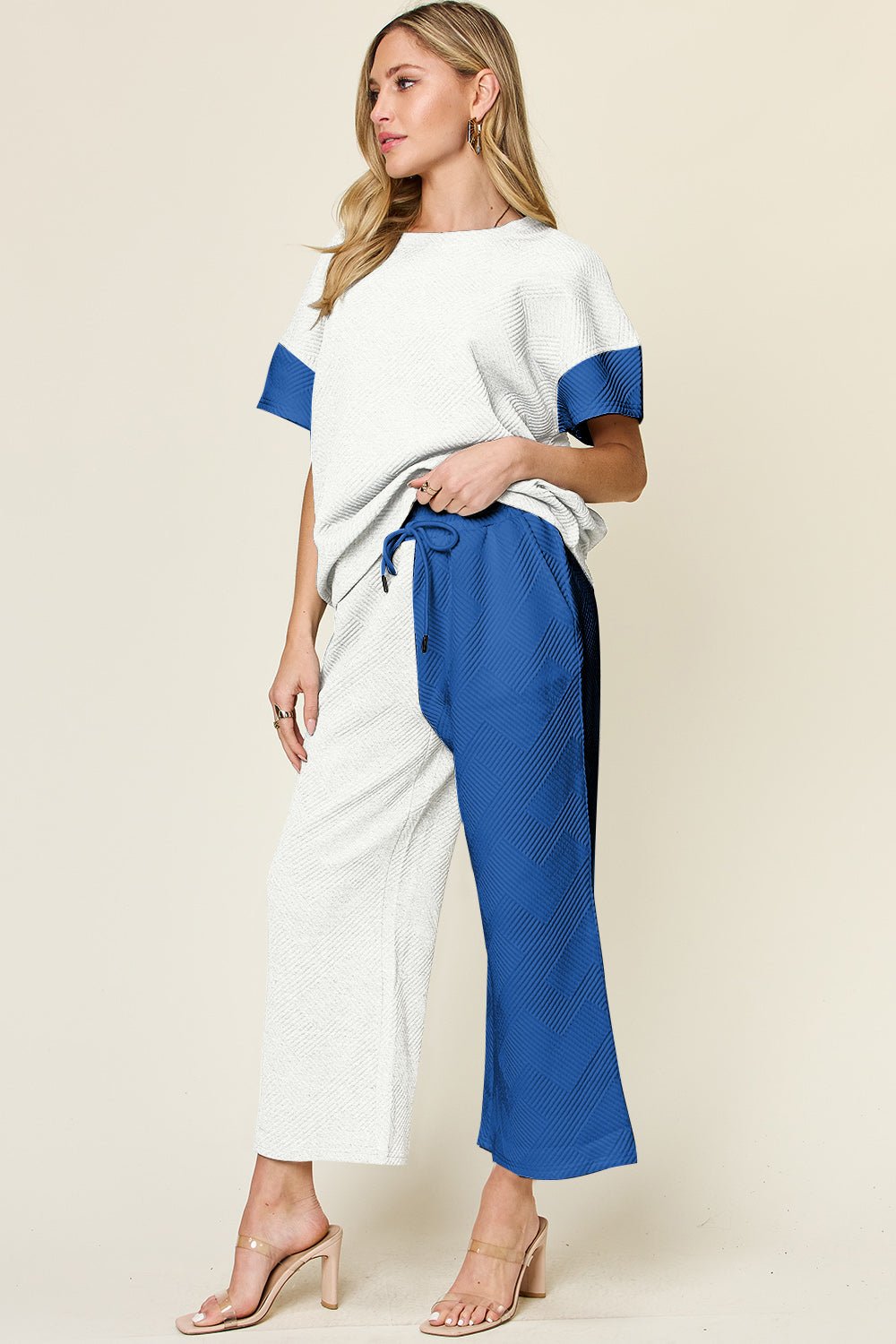 Double Take Full Size Texture Contrast T-Shirt and Wide Leg Pants Set - Creative Designs by Shanny