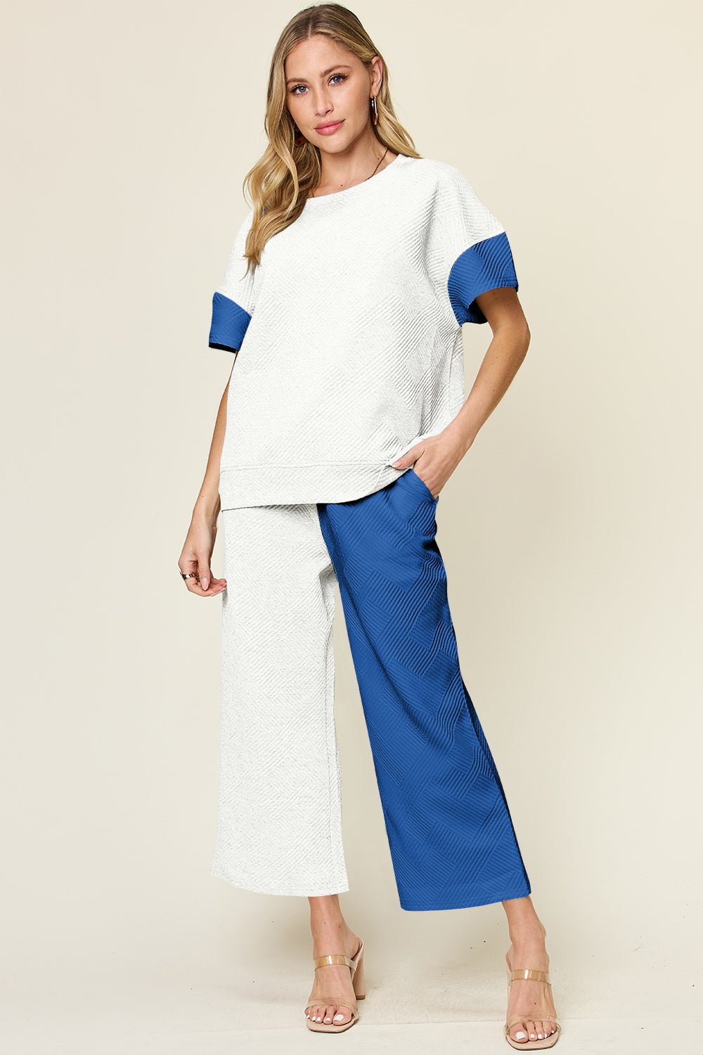 Double Take Full Size Texture Contrast T-Shirt and Wide Leg Pants Set - Creative Designs by Shanny