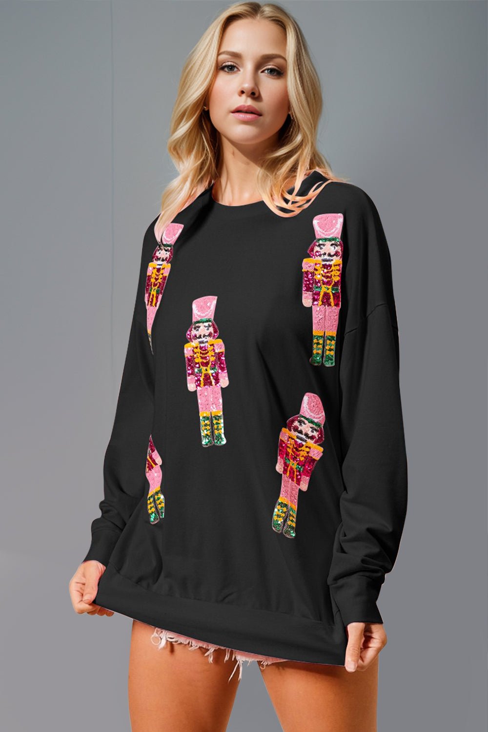 Double Take Sequin Nutcracker Round Neck Long Sleeve Sweatshirt - Creative Designs by Shanny