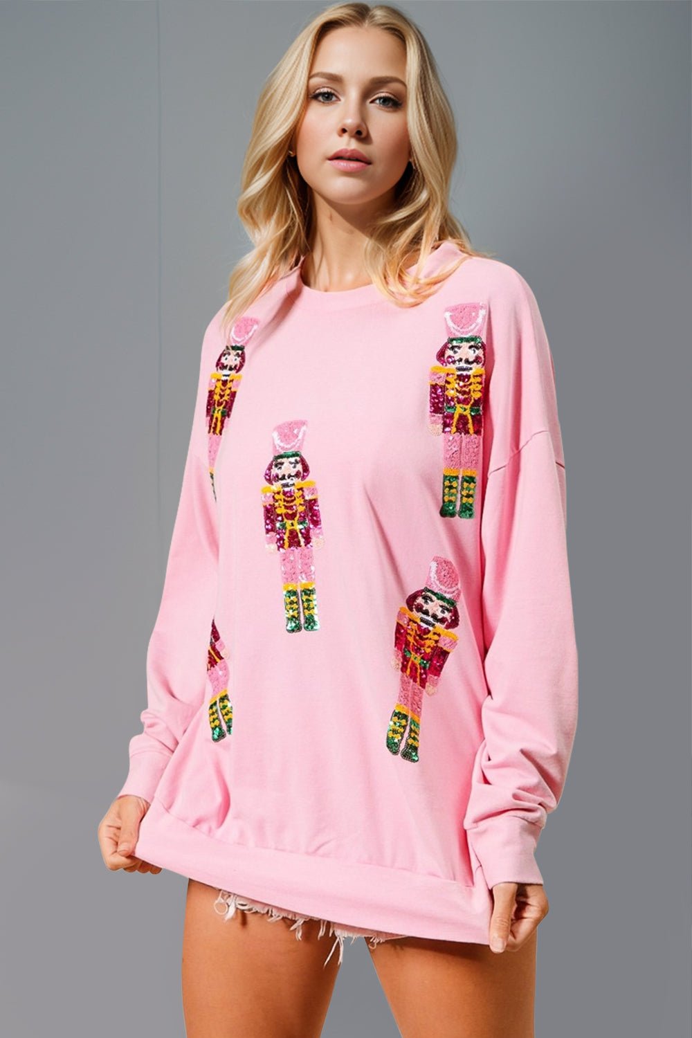 Double Take Sequin Nutcracker Round Neck Long Sleeve Sweatshirt - Creative Designs by Shanny