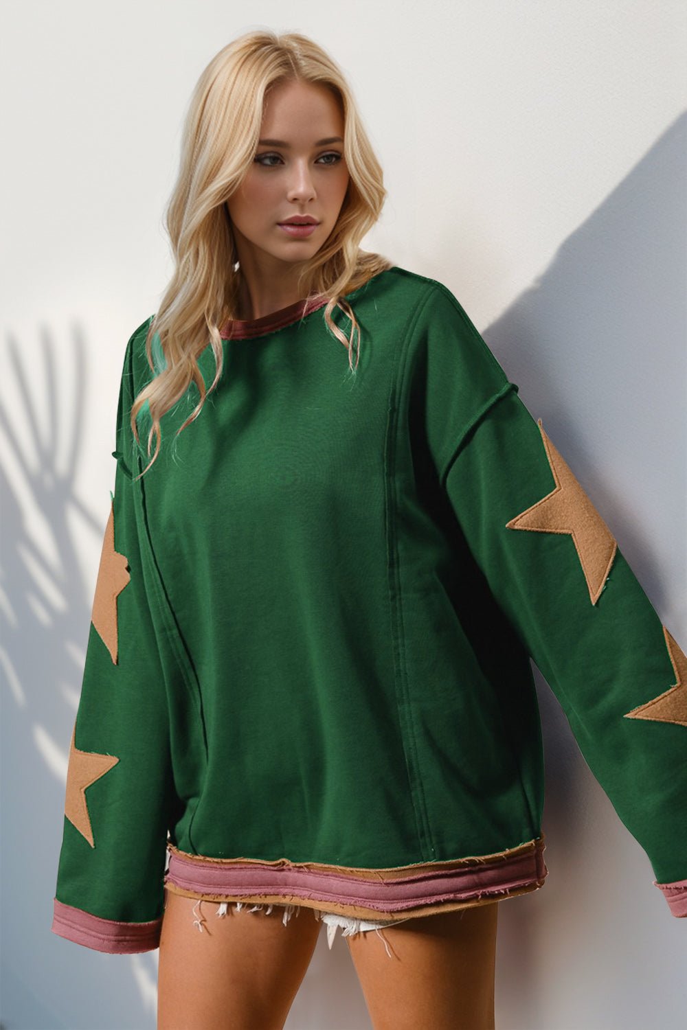 Double Take Star Patched Long Sleeve Sweatshirt - Creative Designs by Shanny