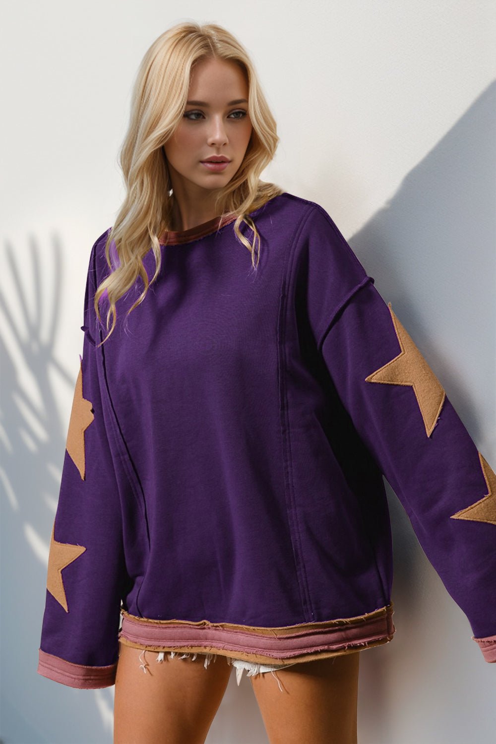 Double Take Star Patched Long Sleeve Sweatshirt - Creative Designs by Shanny