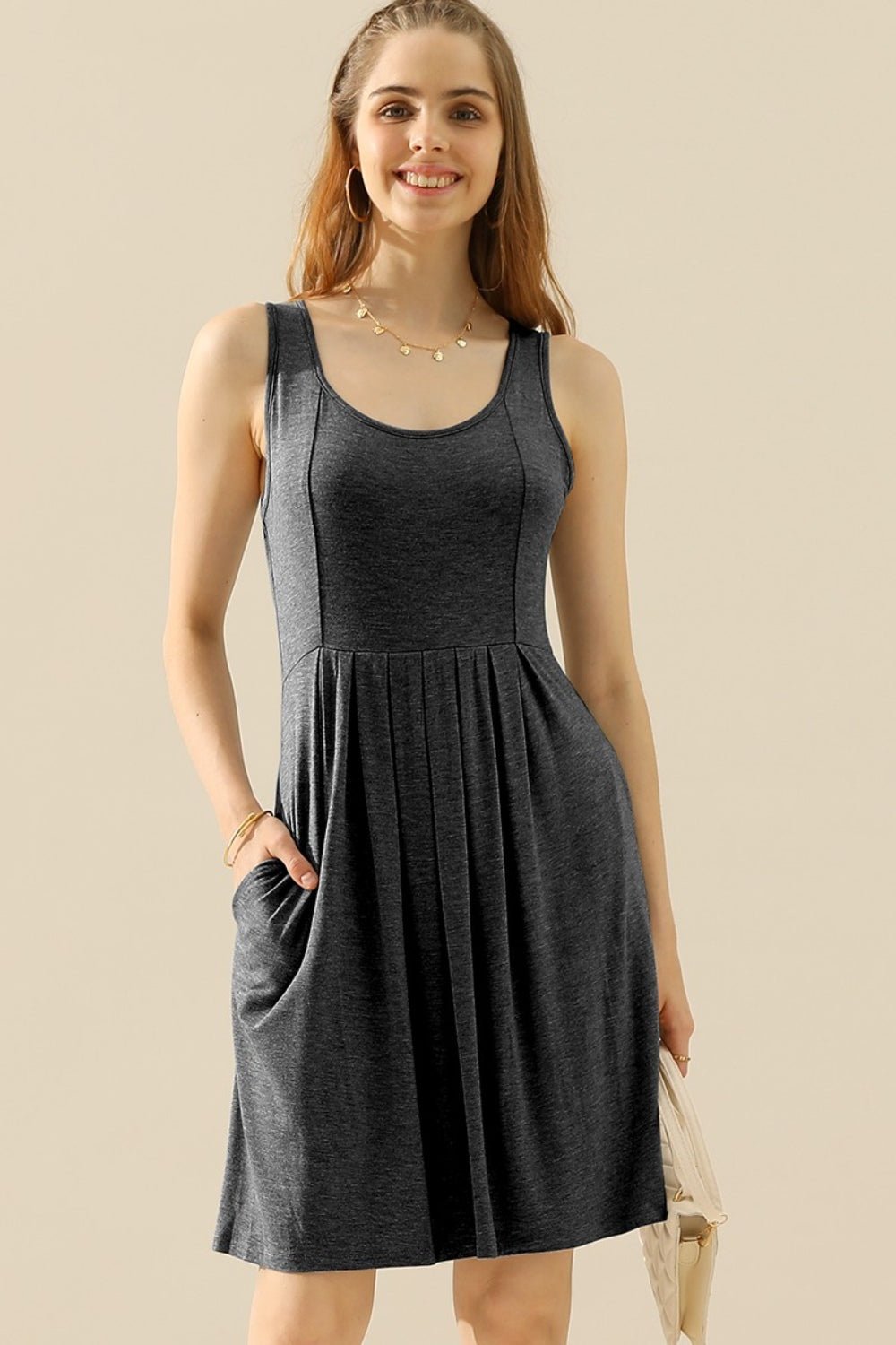 Doublju Full Size Round Neck Ruched Sleeveless Dress with Pockets - Creative Designs by Shanny