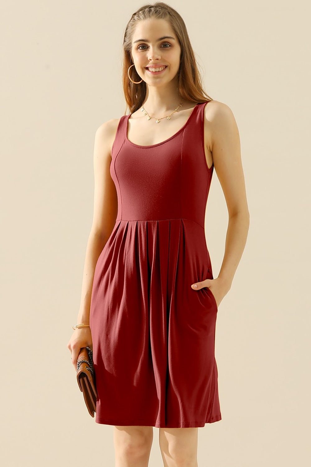 Doublju Full Size Round Neck Ruched Sleeveless Dress with Pockets - Creative Designs by Shanny