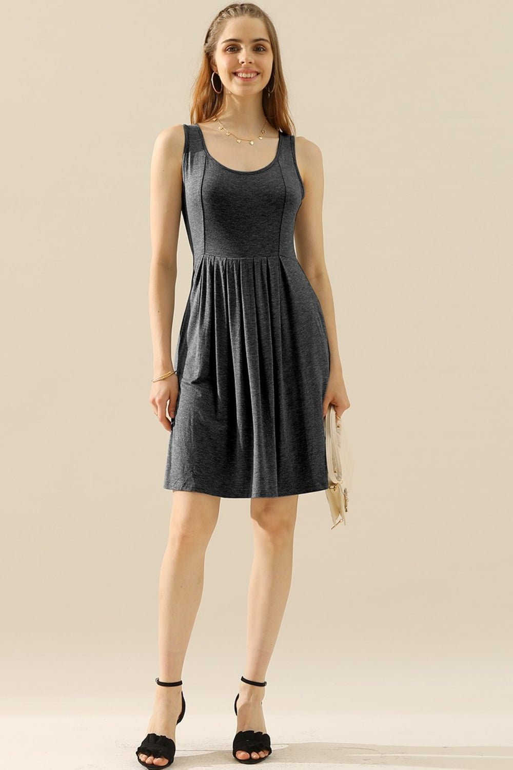 Doublju Full Size Round Neck Ruched Sleeveless Dress with Pockets - Creative Designs by Shanny