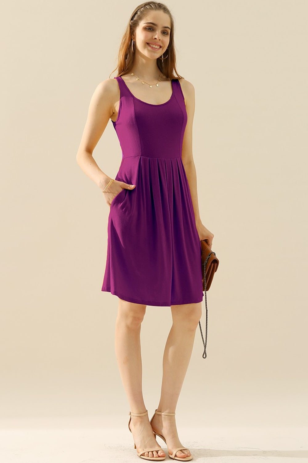 Doublju Full Size Round Neck Ruched Sleeveless Dress with Pockets - Creative Designs by Shanny