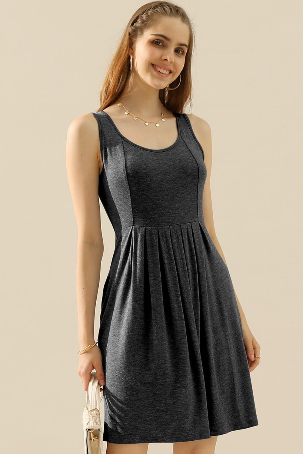 Doublju Full Size Round Neck Ruched Sleeveless Dress with Pockets - Creative Designs by Shanny