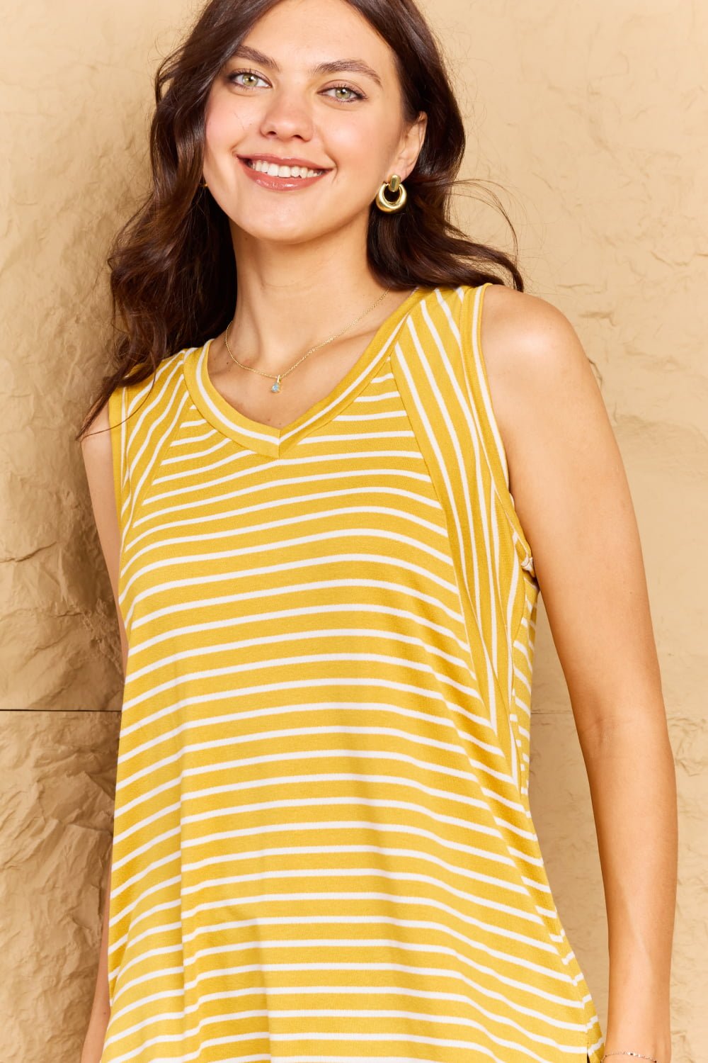 Doublju Talk To Me Full Size Striped Sleeveless V - Neck Top - Creative Designs by Shanny