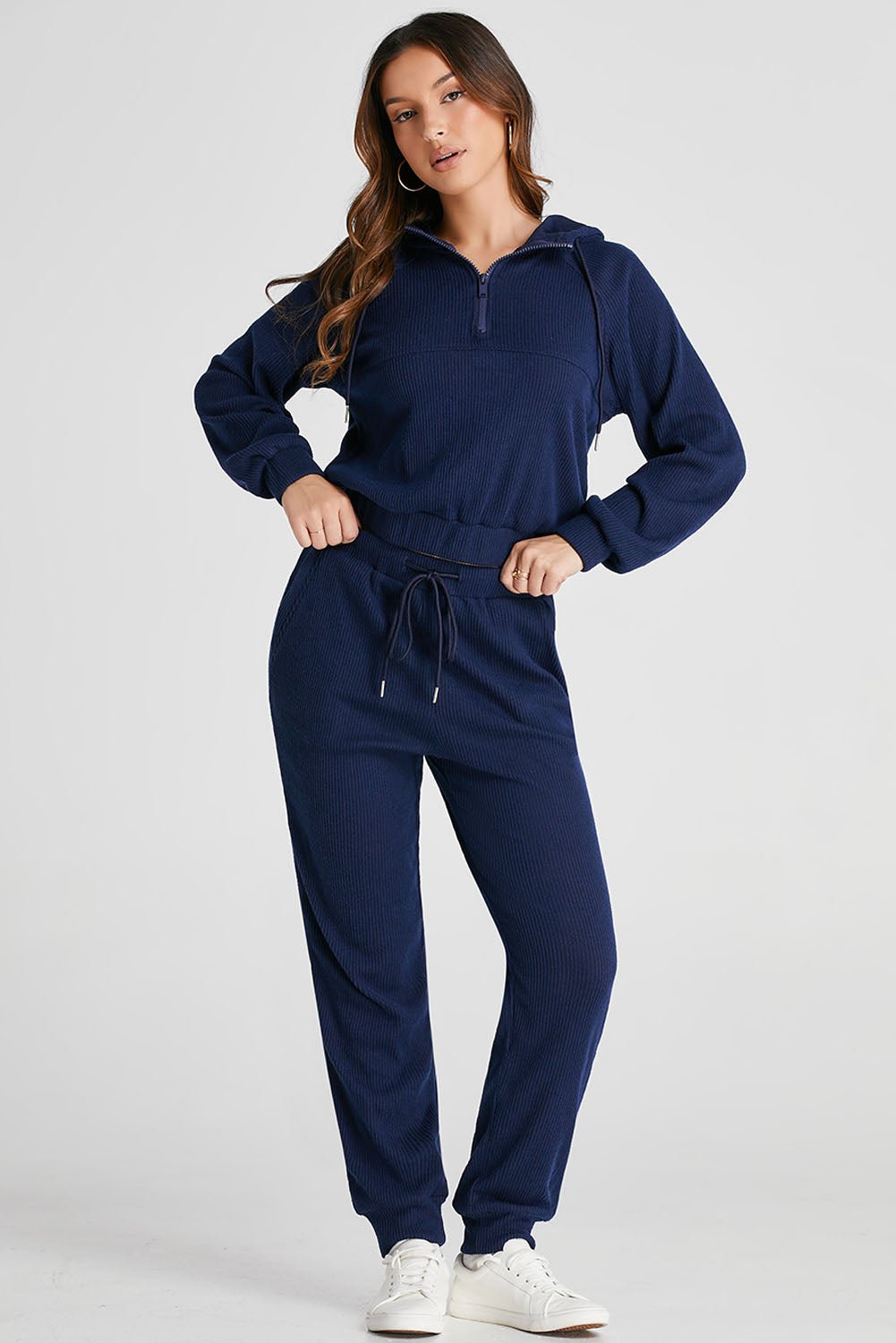 Drawstring Half Zip Hoodie and Joggers Active Set - Creative Designs by Shanny