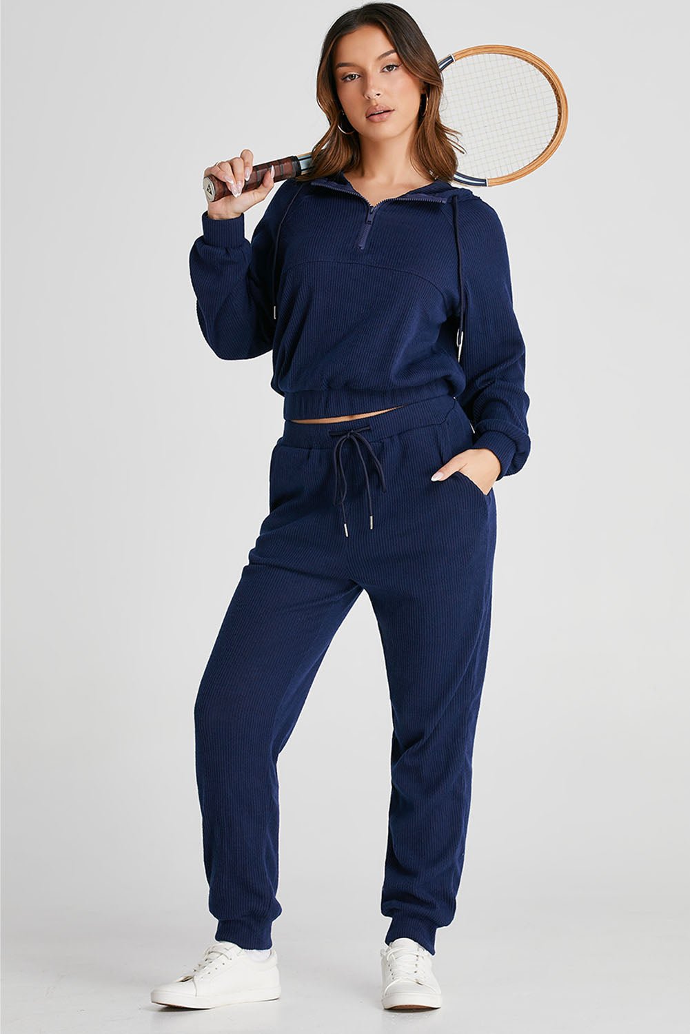 Drawstring Half Zip Hoodie and Joggers Active Set - Creative Designs by Shanny