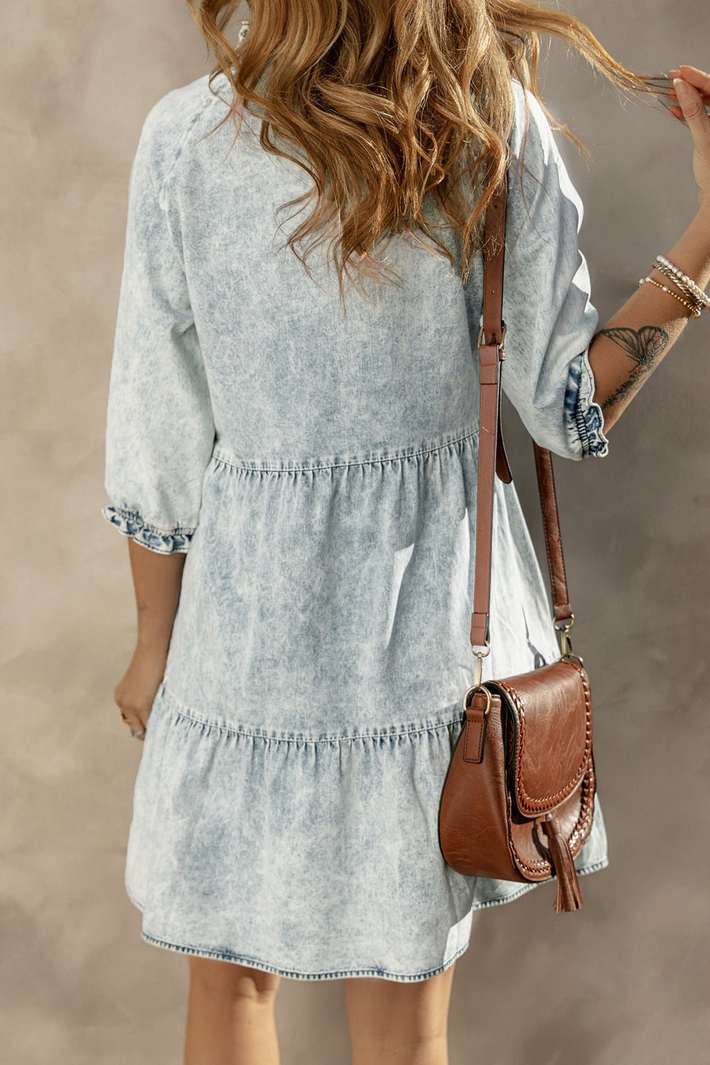 Dusk Blue Acid Wash Retro Half Sleeve Flared Denim Dress - Creative Designs by Shanny