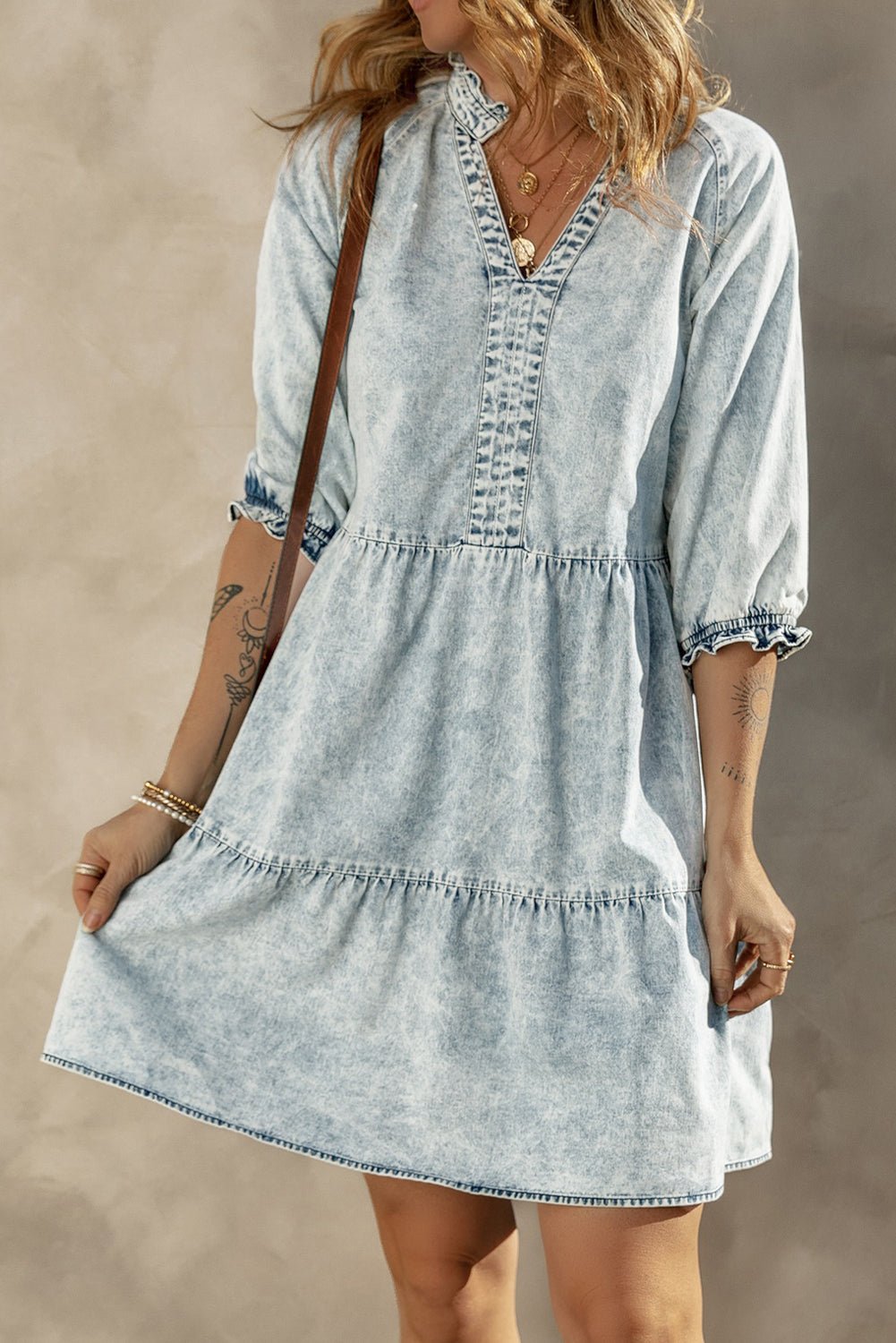 Dusk Blue Acid Wash Retro Half Sleeve Flared Denim Dress - Creative Designs by Shanny