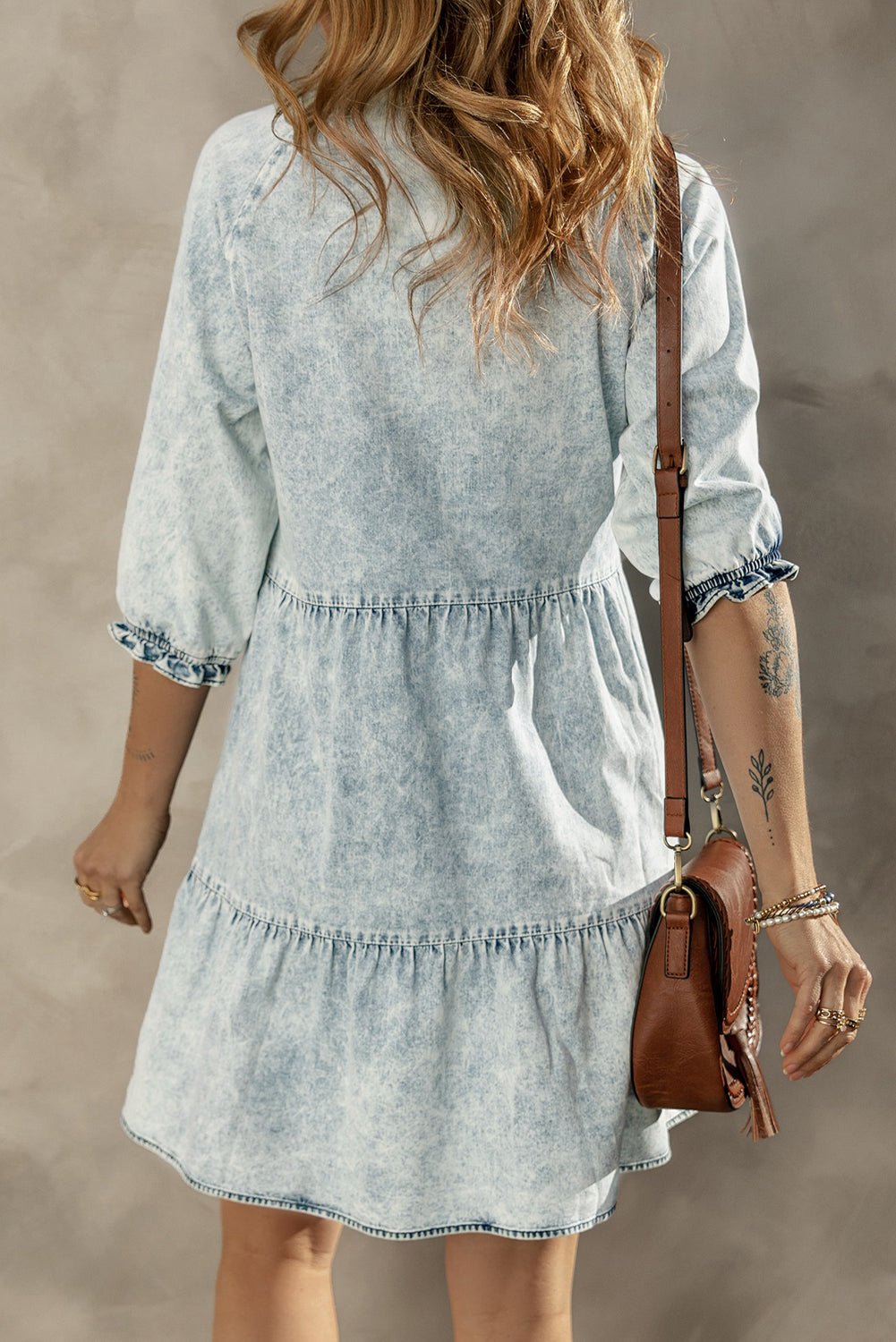 Dusk Blue Acid Wash Retro Half Sleeve Flared Denim Dress - Creative Designs by Shanny