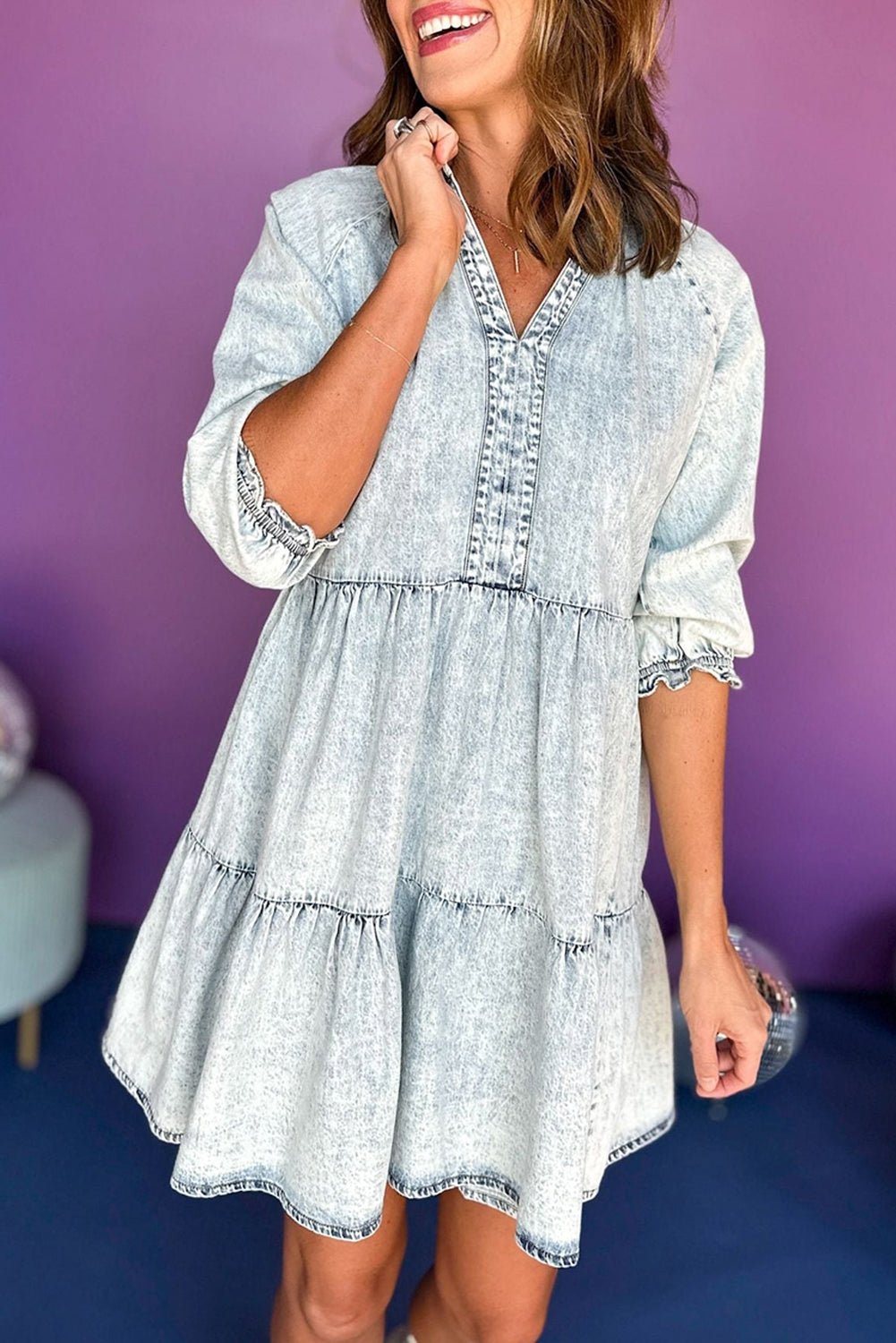 Dusk Blue Acid Wash Retro Half Sleeve Flared Denim Dress - Creative Designs by Shanny