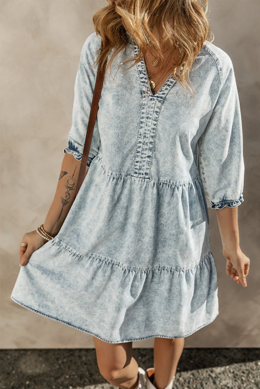 Dusk Blue Acid Wash Retro Half Sleeve Flared Denim Dress - Creative Designs by Shanny