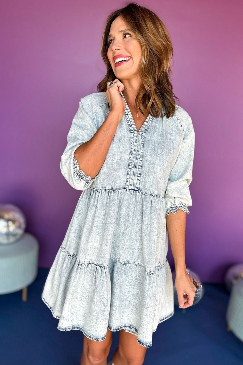 Dusk Blue Acid Wash Retro Half Sleeve Flared Denim Dress - Creative Designs by Shanny