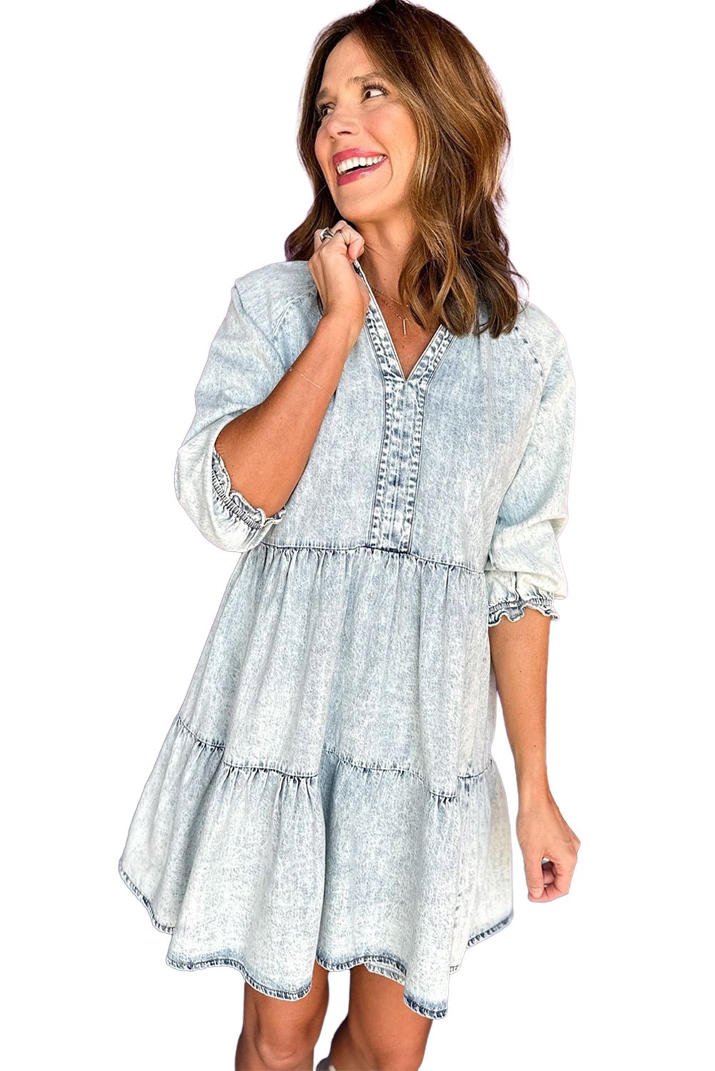 Dusk Blue Acid Wash Retro Half Sleeve Flared Denim Dress - Creative Designs by Shanny