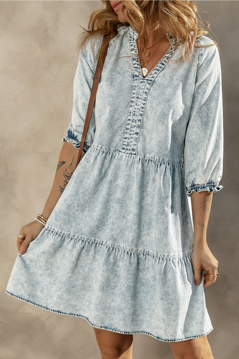 Dusk Blue Acid Wash Retro Half Sleeve Flared Denim Dress - Creative Designs by Shanny