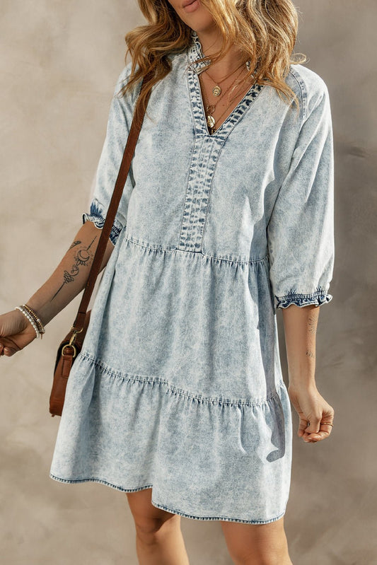 Dusk Blue Acid Wash Retro Half Sleeve Flared Denim Dress - Creative Designs by Shanny