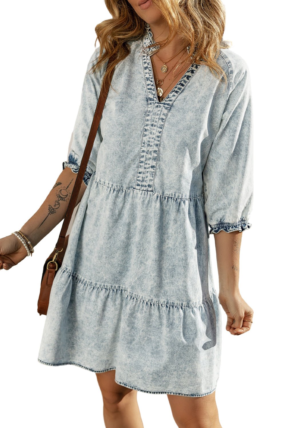 Dusk Blue Acid Wash Retro Half Sleeve Flared Denim Dress - Creative Designs by Shanny