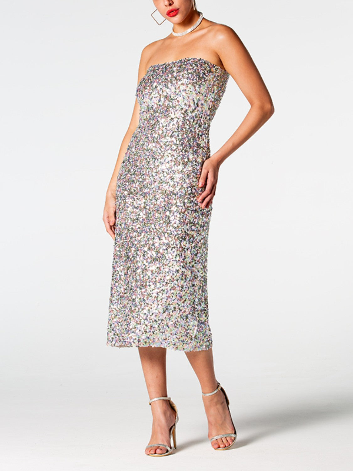 Sequin Straight Neck Midi Wrap Dress