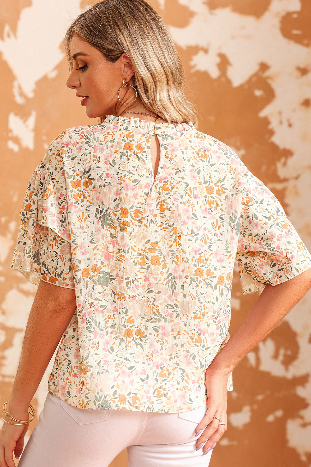 Multicolor Floral Print Wide Ruffle Sleeves Blouse