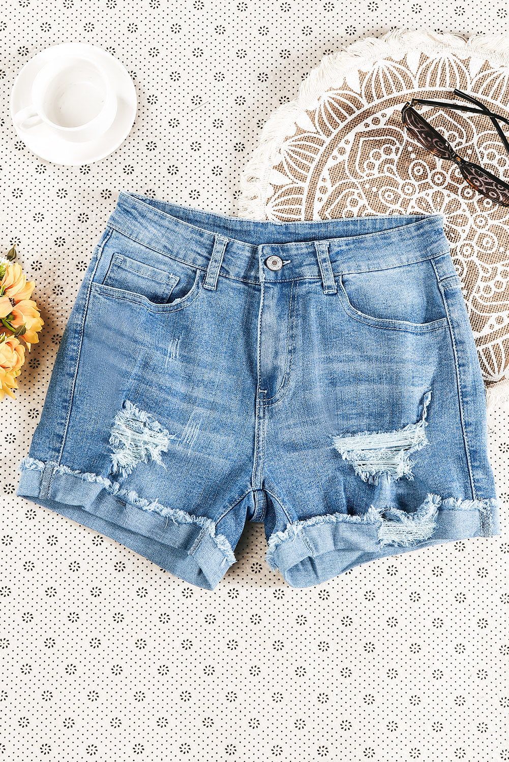 Light Blue Casual Ripped Rolled Hem Denim Shorts