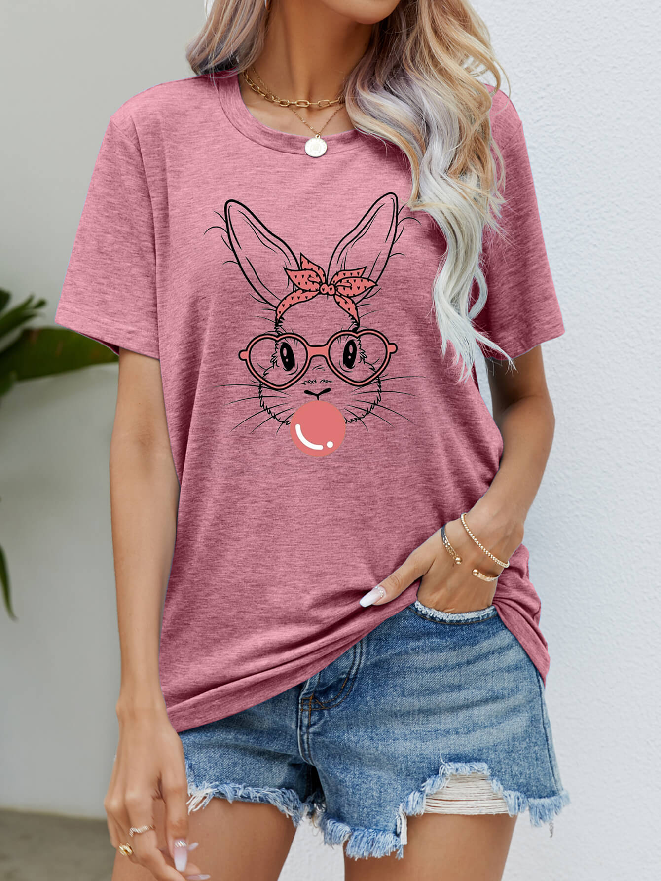 Easter Bunny Graphic Round Neck T-Shirt - Creative Designs by Shanny