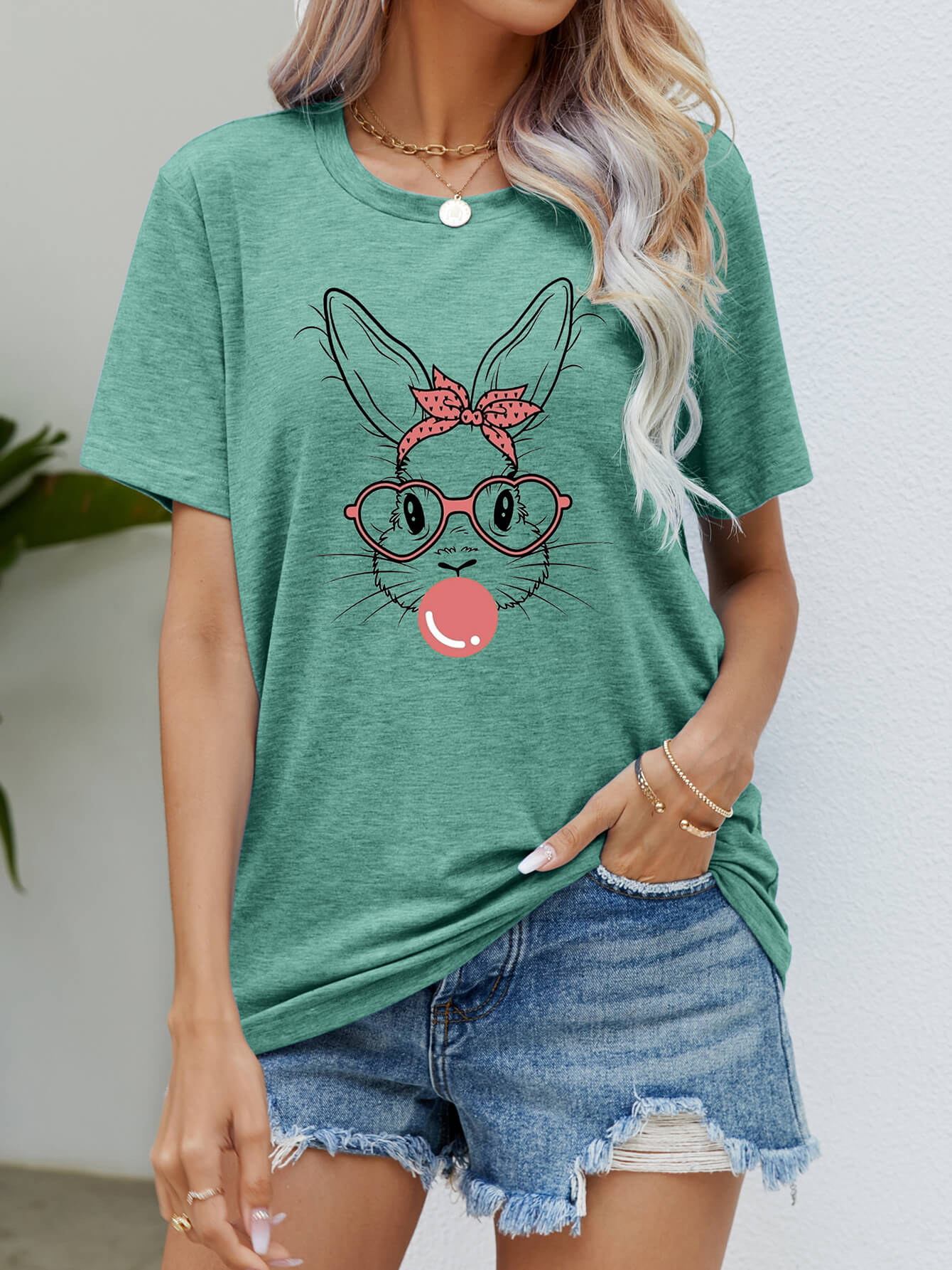 Easter Bunny Graphic Round Neck T-Shirt - Creative Designs by Shanny