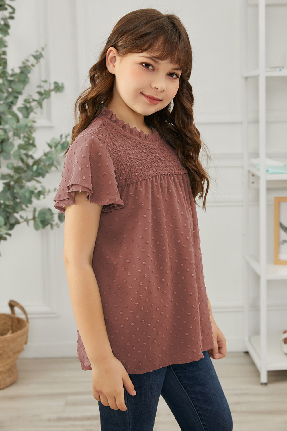 Girls Swiss Dot Smocked Flutter Sleeve Blouse