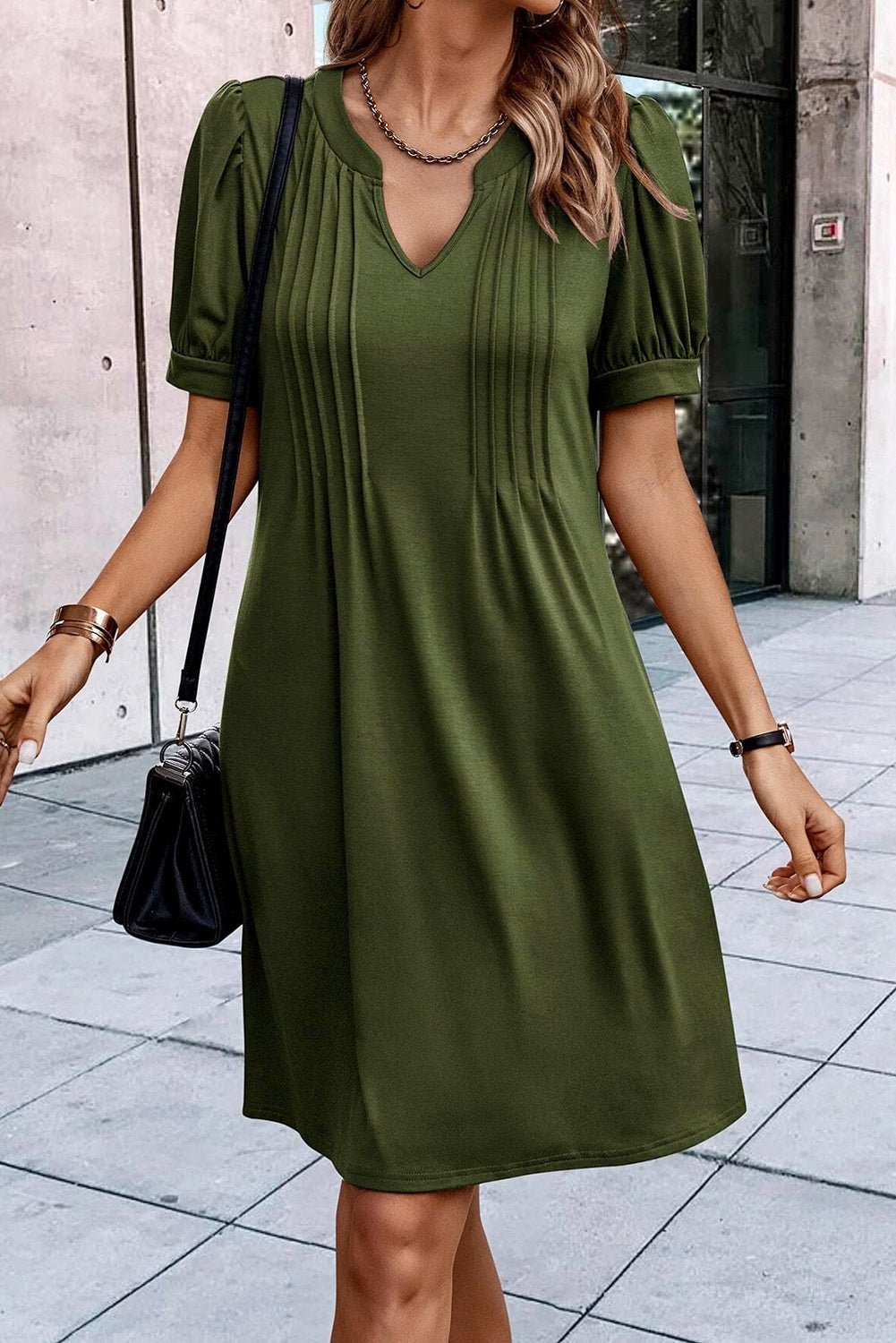 Fern Green Notched Neck Pleated Puff Sleeve Shift T-shirt Dress - Creative Designs by Shanny