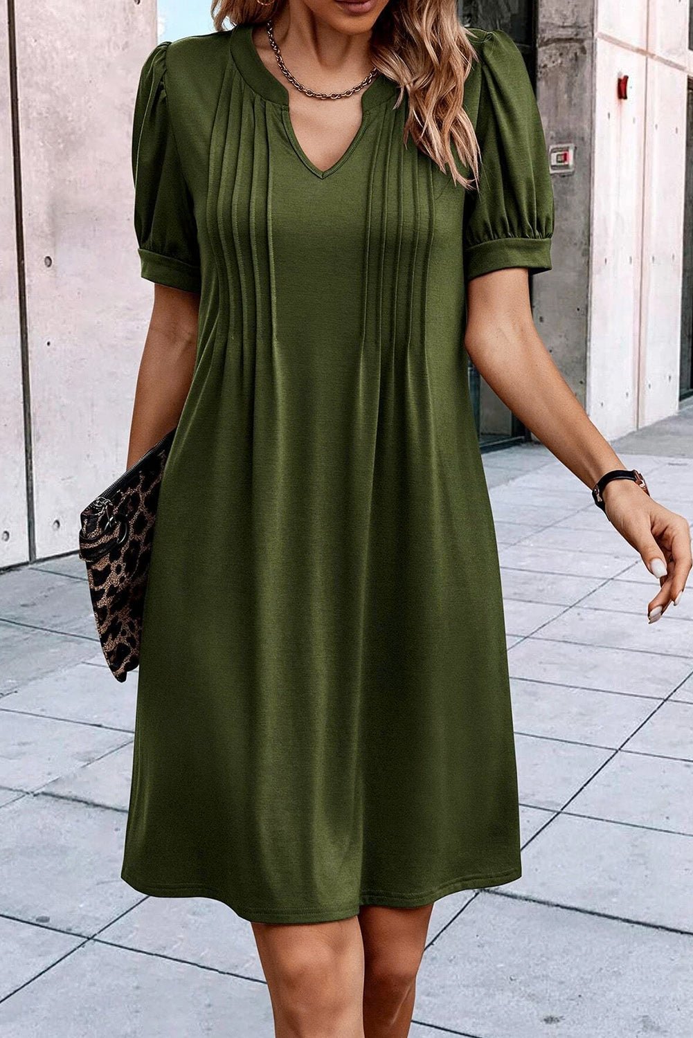 Fern Green Notched Neck Pleated Puff Sleeve Shift T-shirt Dress - Creative Designs by Shanny