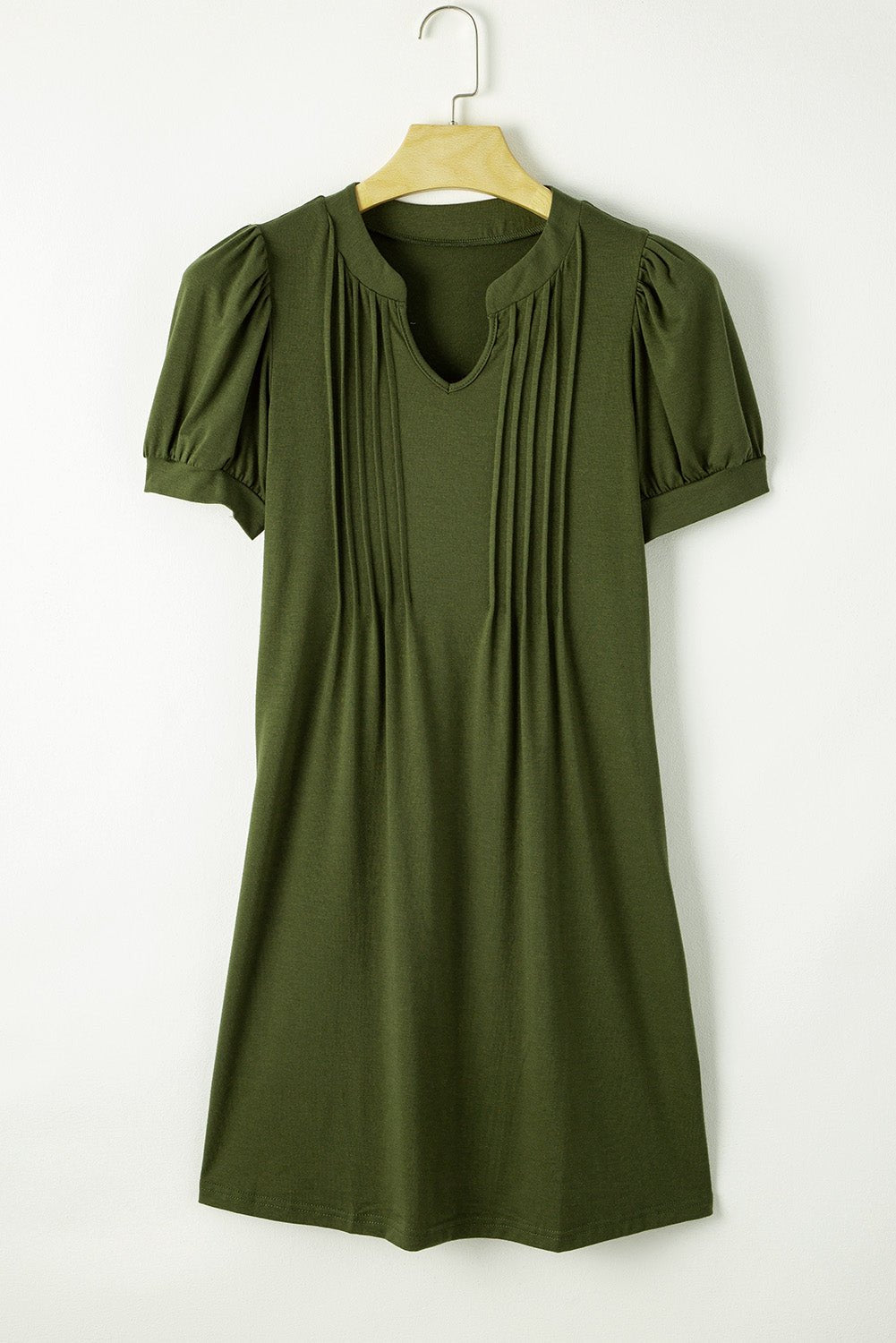 Fern Green Notched Neck Pleated Puff Sleeve Shift T-shirt Dress - Creative Designs by Shanny