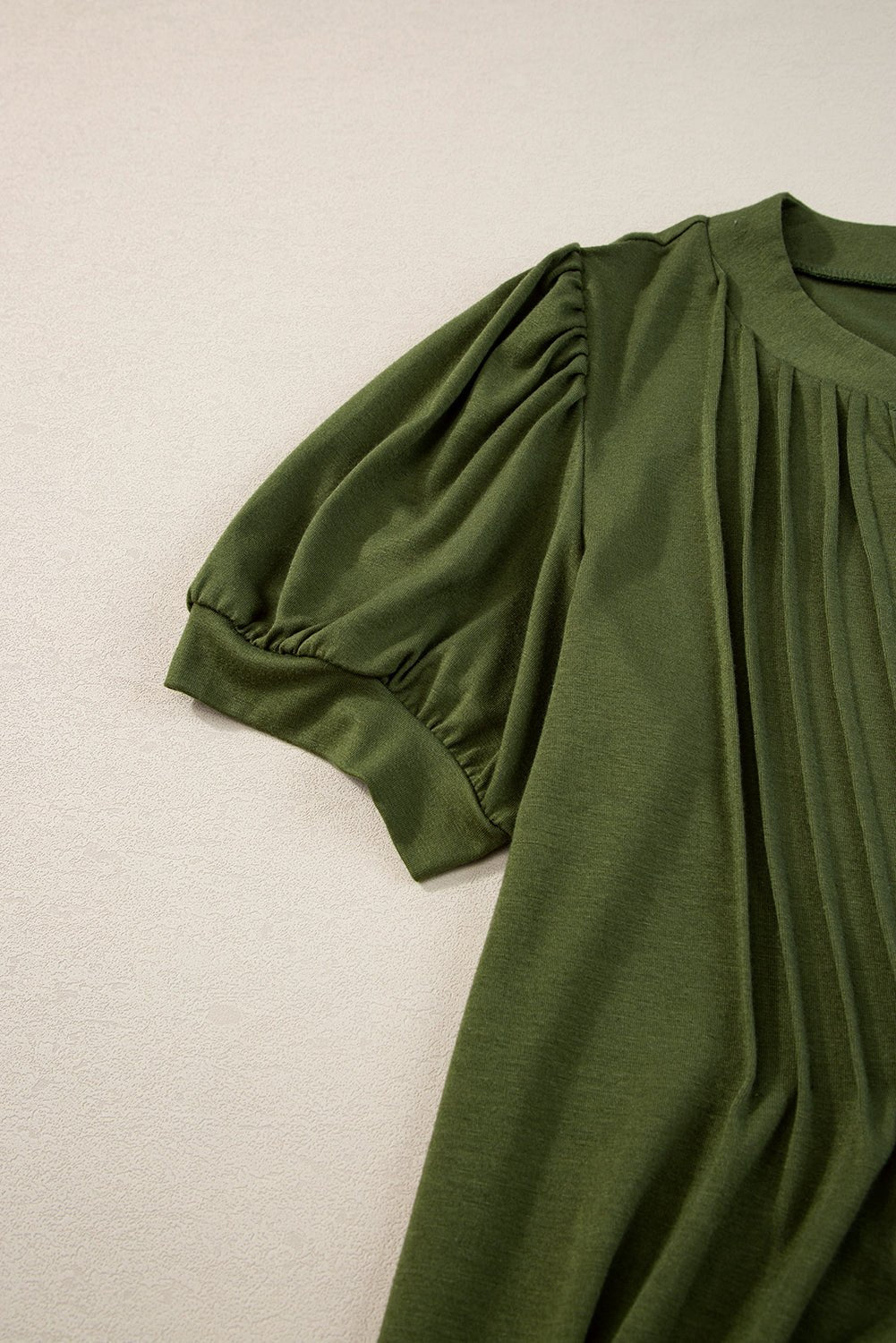 Fern Green Notched Neck Pleated Puff Sleeve Shift T-shirt Dress - Creative Designs by Shanny