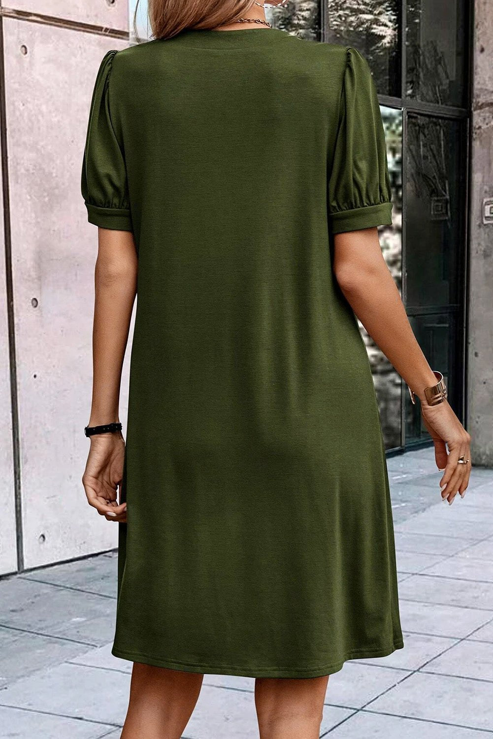 Fern Green Notched Neck Pleated Puff Sleeve Shift T-shirt Dress - Creative Designs by Shanny