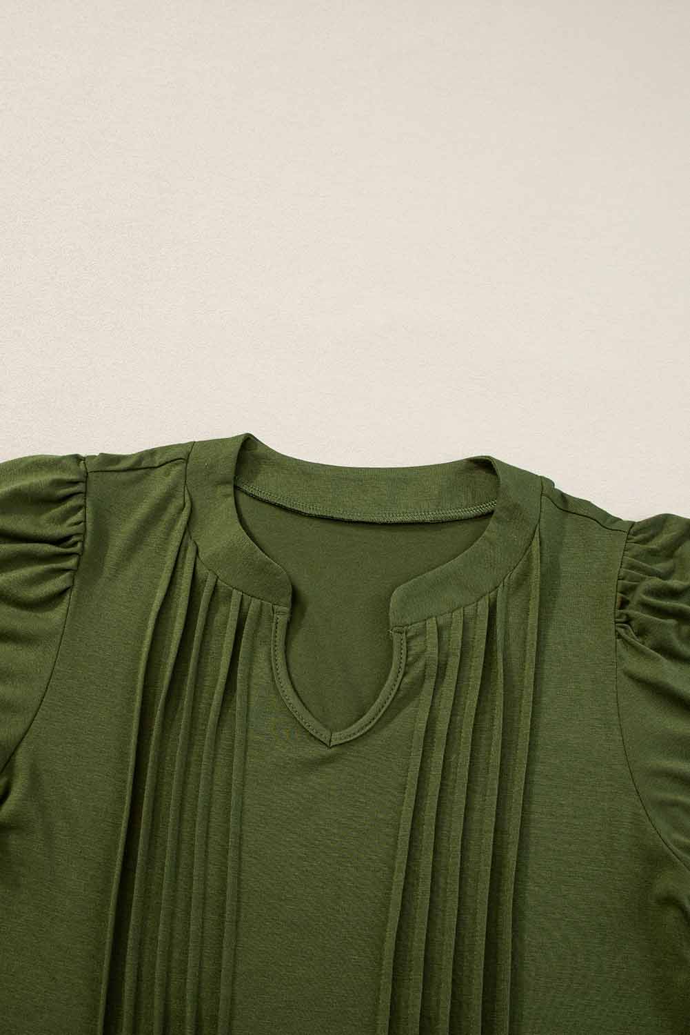 Fern Green Notched Neck Pleated Puff Sleeve Shift T-shirt Dress - Creative Designs by Shanny