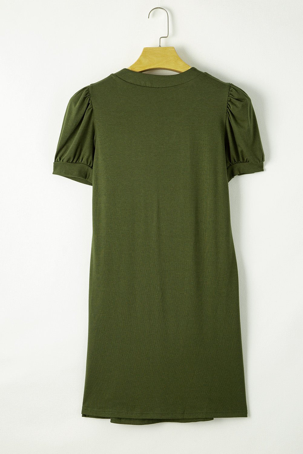 Fern Green Notched Neck Pleated Puff Sleeve Shift T-shirt Dress - Creative Designs by Shanny