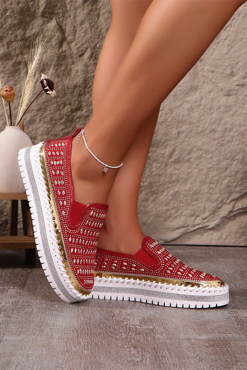 Fiery Red Shining Sequin Slip - On Sneakers - Creative Designs by Shanny