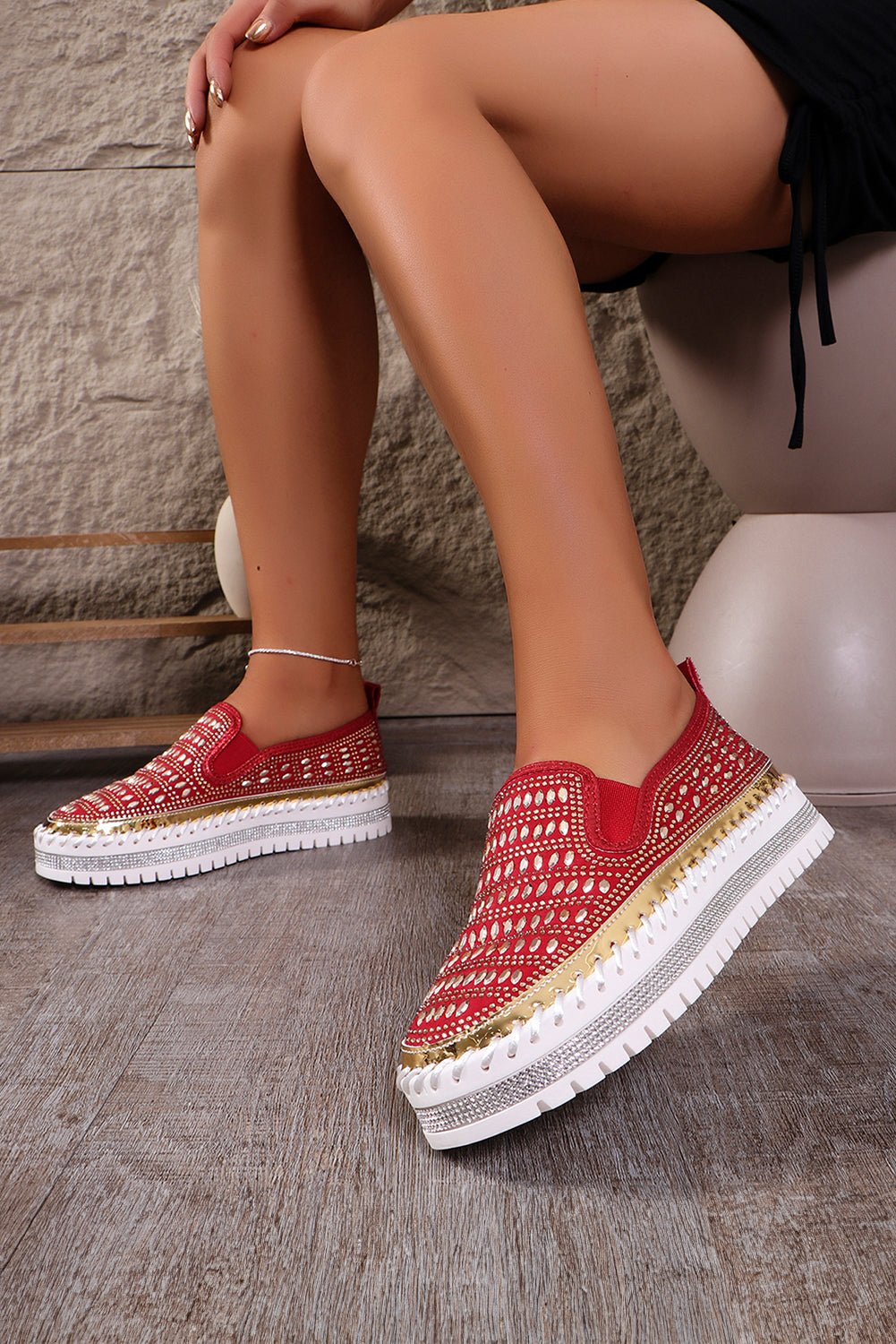 Fiery Red Shining Sequin Slip - On Sneakers - Creative Designs by Shanny