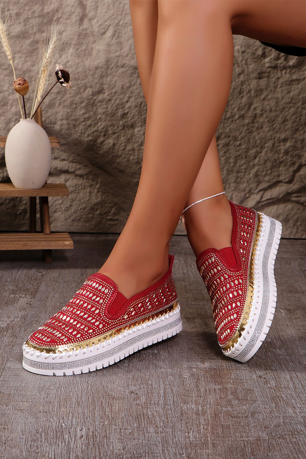 Fiery Red Shining Sequin Slip - On Sneakers - Creative Designs by Shanny