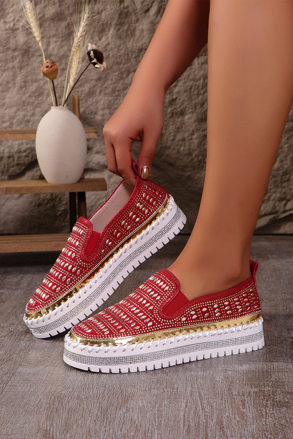 Fiery Red Shining Sequin Slip - On Sneakers - Creative Designs by Shanny