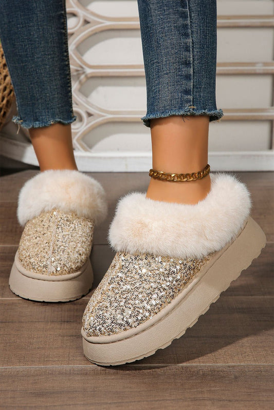 Gold Sequin Plush Lined Thick Sole Snow Boots - Creative Designs by Shanny